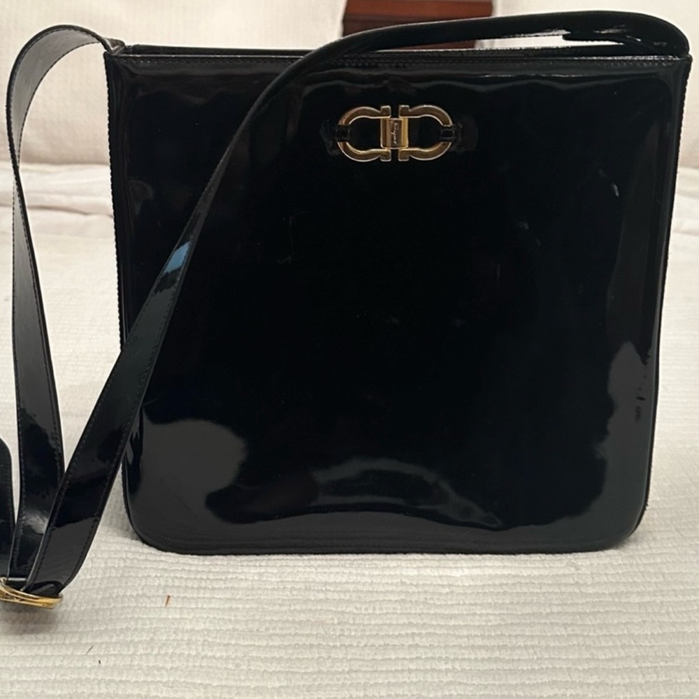 Salvatore Ferragamo black patent tote.